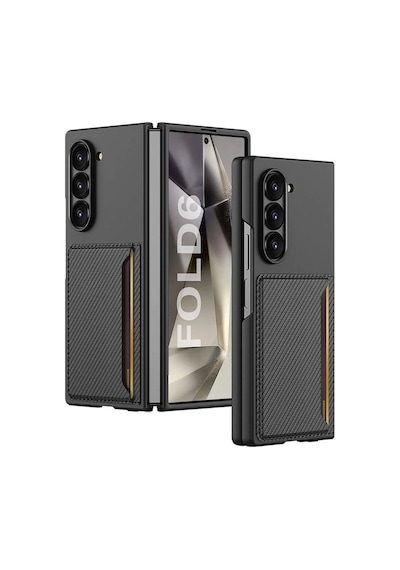 Samsung Uyumlu Galaxy Z Fold 6 Karbonfiber Arka Yüzey Zore Kartlıklı Z-kart Kıpta Sert Kapak