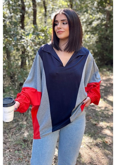WeShaya Kadın Lacivert Polo Yaka, Yarasa Kol, Lastikli Manşet, Asimetrik Color Block, Salaş Sweatshirt Bluz Lacivert