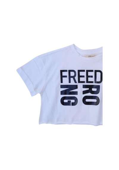 Çikoby Kız Çocuk Pamuklu Sıfır Yaka Kısa Kol Yazılı Crop Tshirt-12104 Beyaz