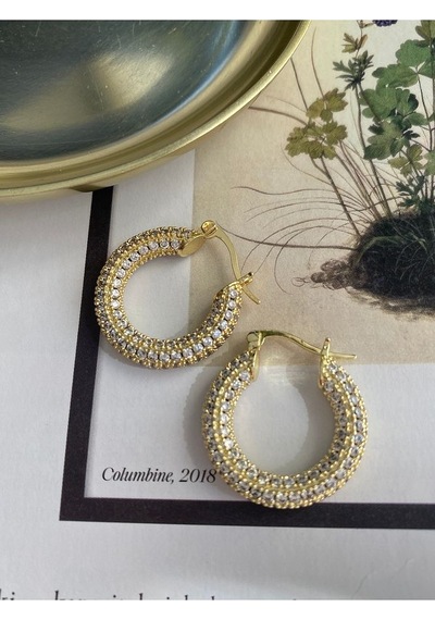 Pinery Jewels Zirkon Taşlı Halka Sallantılı Altın Kaplama Kadın Küpe Çifti Altın