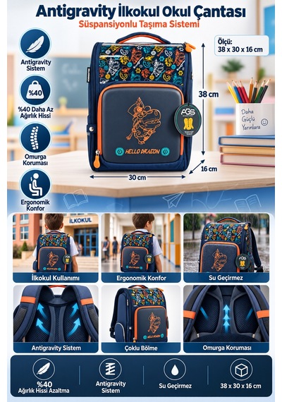 İlkokul Okul Çantası Hello Dragon 7 Mavi Antigravity Sistem 38x30x16 Cm Çok Renkli