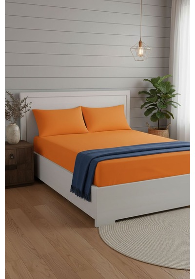 %100 Pamuk Ranforce Premium King Size Lastikli Çarşaf Seti - Turu Turuncu