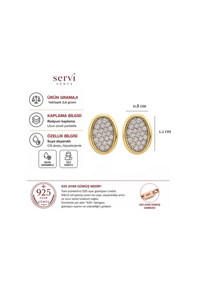 Servi 925 Ayar Gümüş Zirkon Taşlı Altın Renk Oval İtalyan Küpe -488 Altın - Gümüş