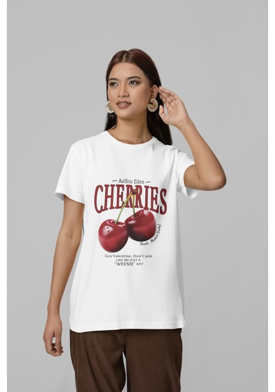 Nevermind Unisex Erkek/kadın Cherrıes Özel Baskılı Oversize Pamuklu Bisikle Beyaz