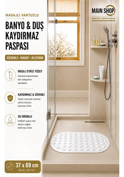 Mainshop Kaydırmaz Duşakabin Banyo Ve Duş Paspası Masajlı Vantuzla Yapışır 37 X 69 Cm M-142 Beyaz