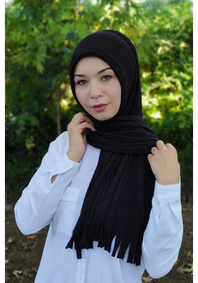 Moda Mevsimi Pratik Piliseli Pamuk Hazır Şal Siyah Siyah