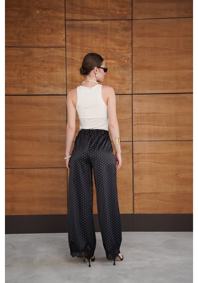 Verymoda Puantiyeli Paçası Dantelli Saten Pantolon D2970 Siyah
