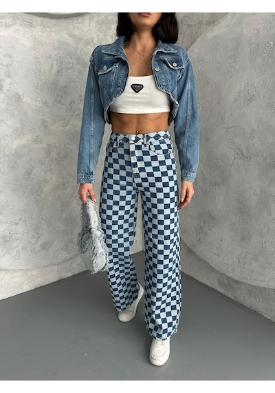 Kare Desenli Wide-leg Pantolon Mavi