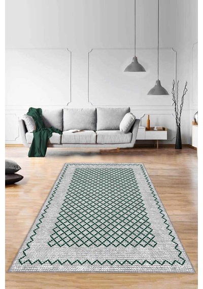 Yeşil Geometrik Kaymaz Taban Makinede Yıkanabilir Halı Rv176n11
