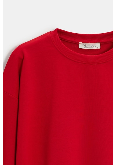 Sââde Kadın Oversize Bisiklet Yaka Basic Casual Sweatshirt Kırmızı