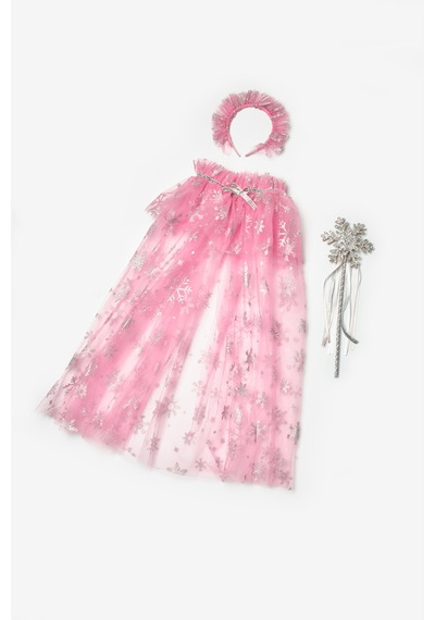 Le Mabelle Pembe Kar Tanesi Baskılı Kız Çocuk Pelerin Asa Taç Set Pembe
