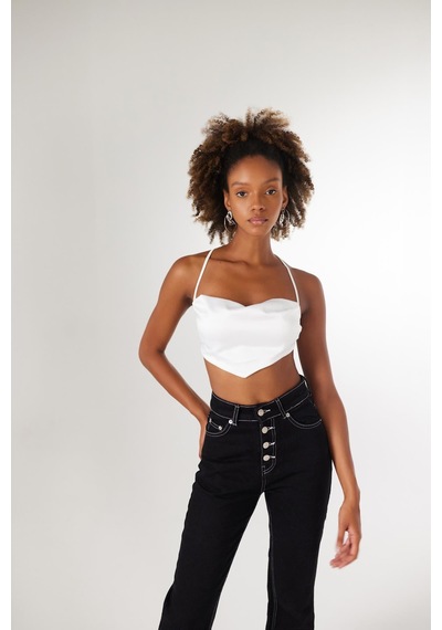 Holly Lolly Bel Bağlamalı Askılı Saten Shery Crop Beyaz