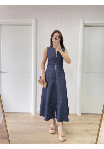 Mbb E-ticaret Kadın Jeans Kot Önü Tam Fermuarlı Uzun Elbise - Mavi