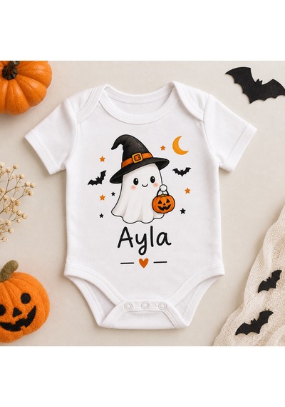 Hanova Creative Halloween Cadılar Bayramı Baskılı Bebek Zıbın Atlet İsme Özel Kişiselleştirilmiş Beyaz