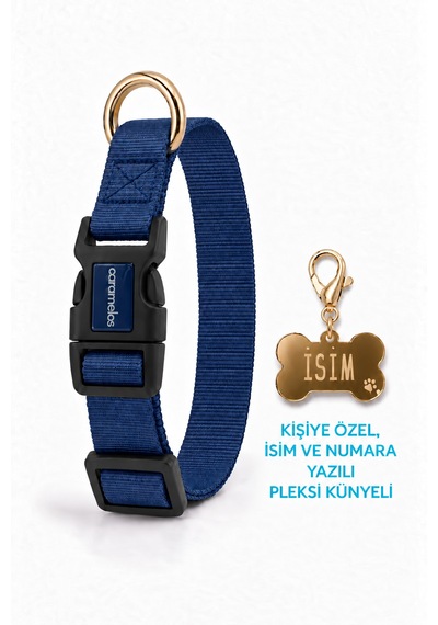 Caramelos İsimli Köpek Tasması, Ayarlanabilir Yavru, Mini, Orta Ve Büyük Irk Köpek Tasması, Lacivert