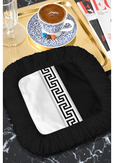 Yunan Motifli Saçaklı Kahve Yanı Servis Peçetesi - Geometrik Lüks Modern Siyah Beyaz Sunum Mendili Çok Renkli