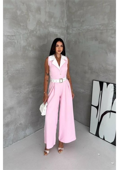 Neşeli Butik Kadın Pembe Çift Renkli Kemerli Şerit Detaylı Tam Boy Kolsuz Tulum Nbk087
