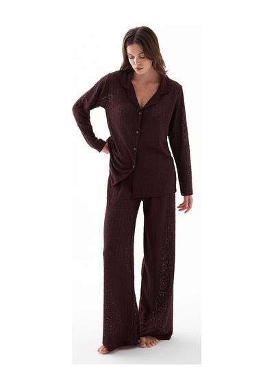 Akbeniz Kadın Mürdüm Önden Düğmeli Rahat Kesim Pijama Takımı MÜRDÜM