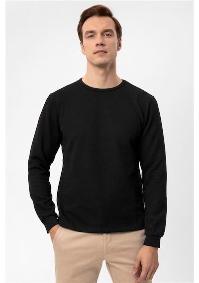 Süvari Siyah Slim Armürlü Bisiklet Yaka Sweatshirt Siyah