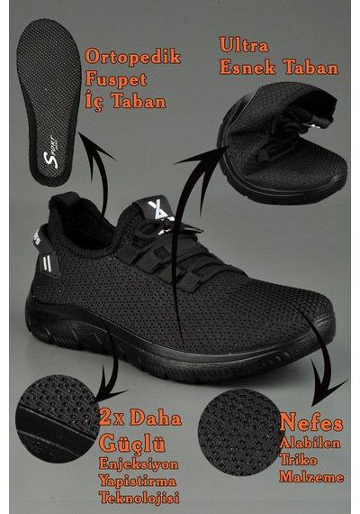 Triko Malzeme Hava Alabilen Yumuşak Unisex Spor Ayakkabı Siyah