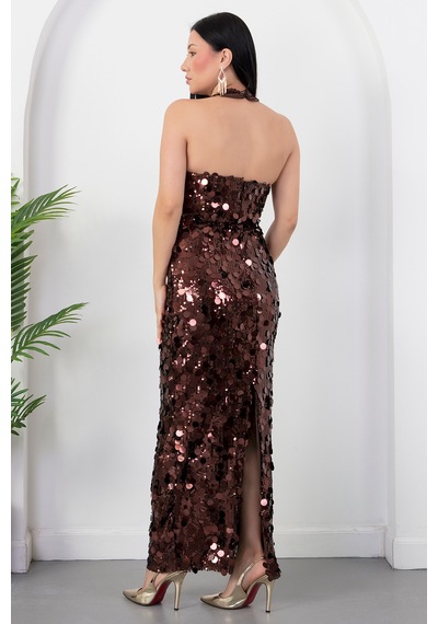 Kalopya Halter Yaka Büyük Pullu Elbise Abiye Ecr6094 Kahverengi