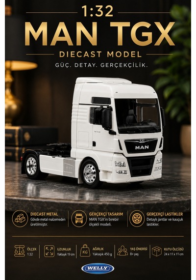 1:32 Man Tgx Beyaz Diecast Metal Çekici Tır Model Araç