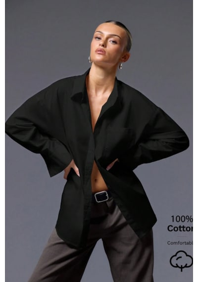 Tarz Cool Kadın Oversize Gömlek Uzun Kollu Basic Salaş Kesim Poplin Trend Şık Günlük Gömlek Siyah Tarz Cool Kadın Oversize Gömlek Uzun Kollu Basic Salaş Kesim Poplin Trend Şık Günlük Gömlek Siyah