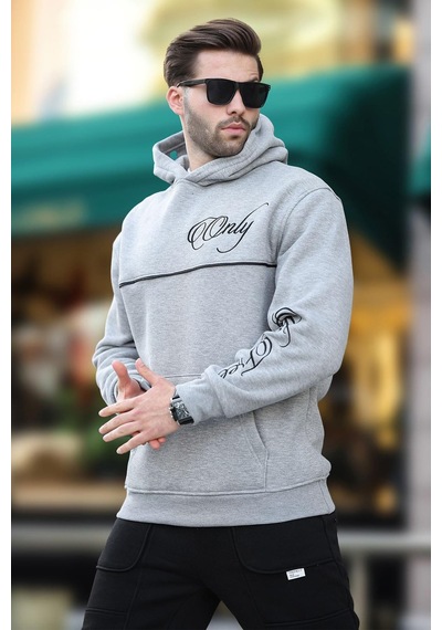 Madmext Grimelanj Kapüşonlu Şerit Detaylı Baskılı Erkek Sweatshirt 7091 Grimelanj