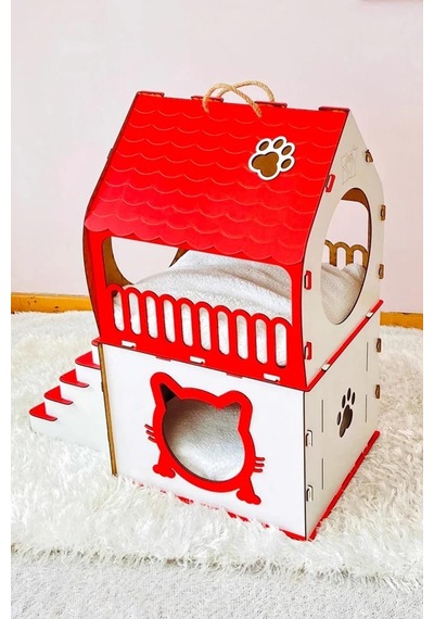 Dekoratif Kedi Evi Teraslı Dublex Kırmızı