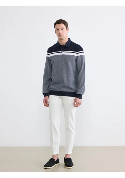 Lc Waikiki Lacivert Polo Yaka Renk Bloklu Erkek Sweatshirt
