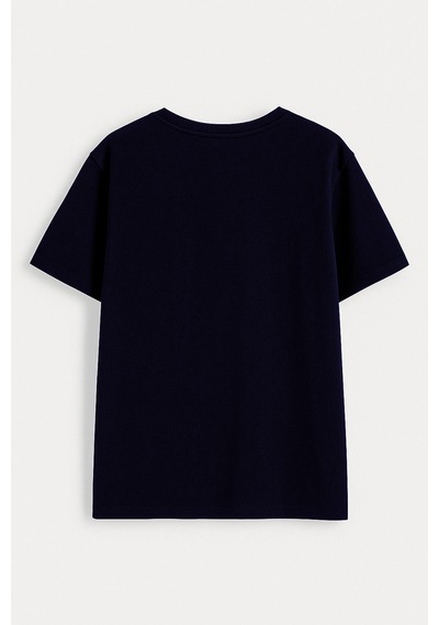 Kadın %100 Pamuk Bisiklet Yaka Baskılı Lacivert T-shirt Çok Renkli