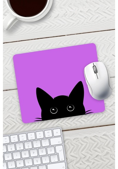 Mor Renk Kedi Baskılı Mouse Pad 23x19cm Fare Altlığı Kaydırmaz Taban