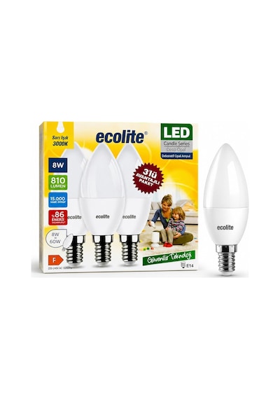Ecolite 8 W Led Mum Ampul E14 Duy, 810 Lümen, 3000k Sarı Işık, 60w Eşdeğer, 3 Lü Paket, Opal Standart
