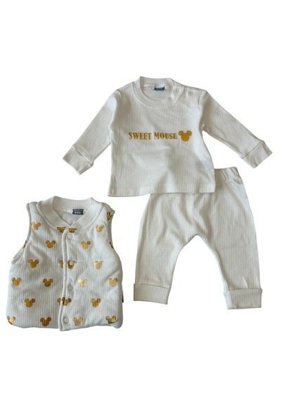 Bellamio Kids Gold Mickey Desenli 3'lü Şişme Yelekli Bebek Takımı Beyaz