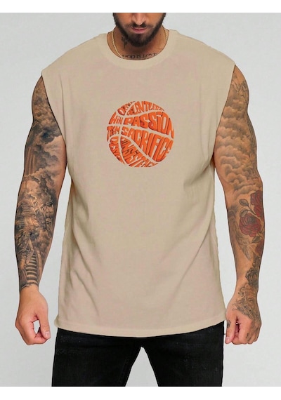 Basketbol Yopu Baskılı Kolsuz Tişört Bej