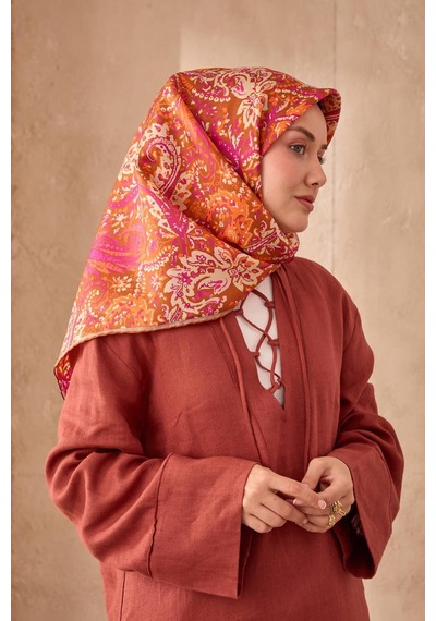 Twill İpek Eşarp 11473-23 Tarçın, Magenta, Bej, Parlak Turuncu