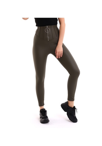 Winmoda34 Halka Fermuar Detaylı Kadın Mat Deri Içi Şardonlu Termal Tayt Yeşil