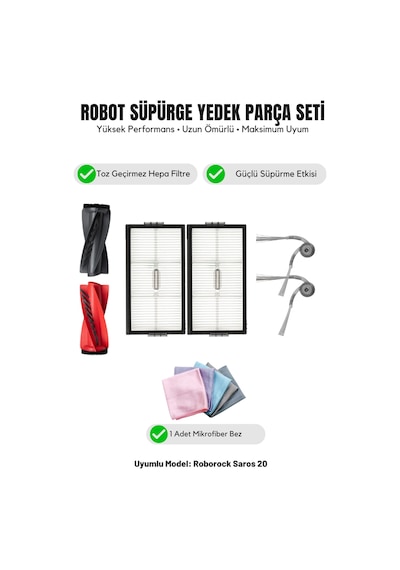 Roborock Saros 20 İle Uyumlu 1 Ana Fırça 2 Yan Fırça 2 Filtre 1 Temizlik Bezi 11.0