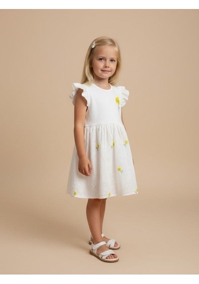 Zekids Kız Çocuk Pamuklu Çiçek Desenli Elbise-17234 BEYAZ