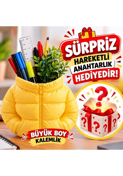 Veltronix Büyük Boy Şişme Mont Tasarımlı Kalemlik Ve Masaüstü Organizer, Sarı, Sürpriz Hareketli Anahtarlık Dahil Beyaz - Çok Renkli