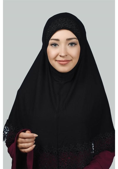 Altobeh İkili Set Dantelli Pratik Eşarp Hazır Hijab ve Tesettür Bonesi XL - Siyah