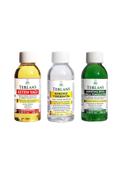 Terlans Yağlı Boya Seti Yardımcı Malzemeler 3x100ml Boya Fırça Temizleyici - Kokusuz Terebentin - Keten Yağı