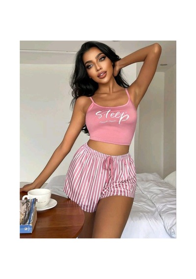 Mr Owl Kadın Pembe Çizgili Askılı Şortlu Pijama Takımı