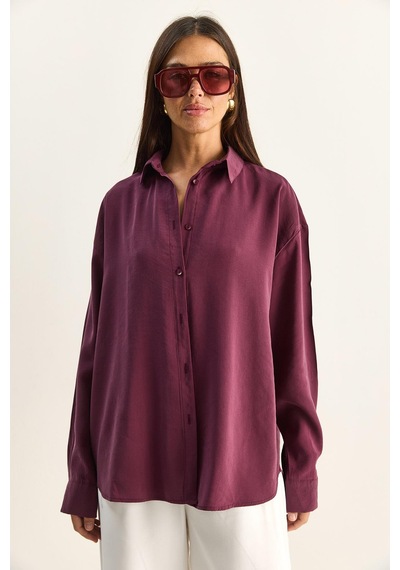 Shade Kadın Şal Aksesuarlı Oversize Modal Gömlek 340 60286164 - Mürdüm MÜRDÜM