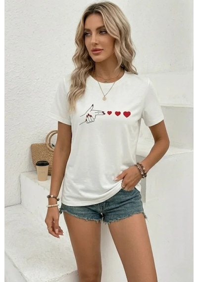 Efnaz Style Minimal Kalp İşaret Baskılı Tişört Kısa Kol Yazlık T-shirt - Beyaz