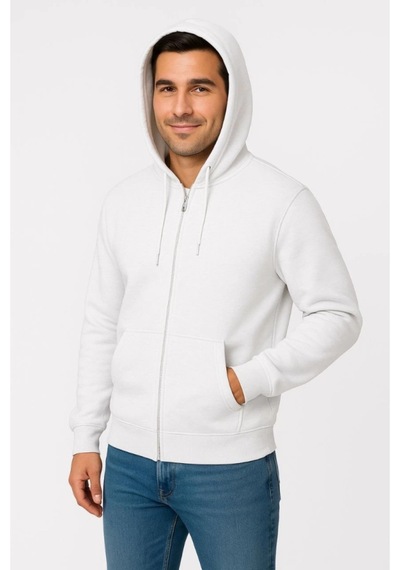 Butik İstanbul Erkek Üç İplik Kapüşonlu Tam Fermuarlı Kanguru Çepli Sweatshirt Hoodie - Beyaz