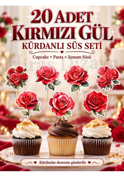 Hiras Dizayn Kırmızı Gül Kürdanlı Süs Seti 20 Adet Cupcake Pasta Sunum