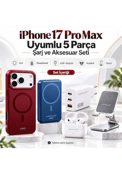 İphone 17 Pro Max Uyumlu 5 Parça Şarj Ve Aksesuar Seti - Kılıf, Powerbank, Adaptör, Kulaklık Ve Stand 0