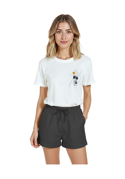 Kadın Beyaz Relaxed Fit %100 Pamuk Tişört Geometrik Palmiyeler Beyaz
