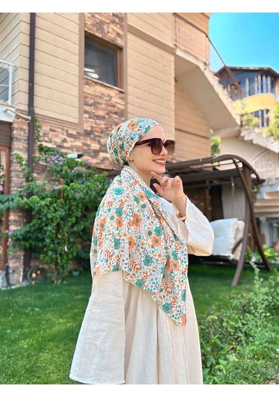 Moda Kaşmir Flora Desen Bambu Eşarp Turuncu-yeşil